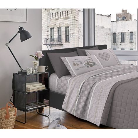 Completo Letto Stampato Made In Italy 100 % Cotone Set Lenzuolo Sopra Sotto Federe Chalet Beige - Matrimoniale