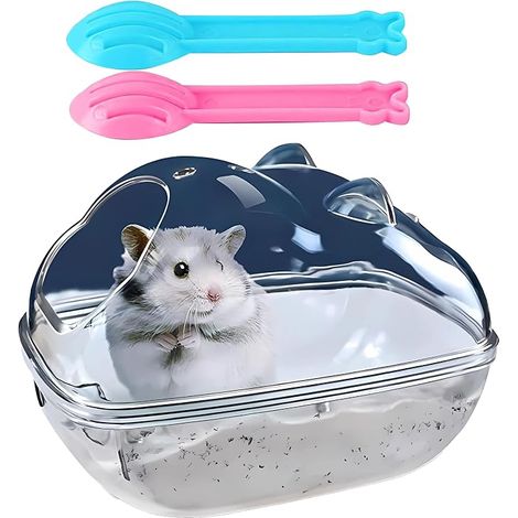 Hamster Sand Bath, Transparent Hamster Bath Removable Container (16 x 7 x 11 cm) with 2 Spoons, Toilet and Spill Proof Tray for Dwarf Hamsters, Gerbils and Small Rodents (1/3)