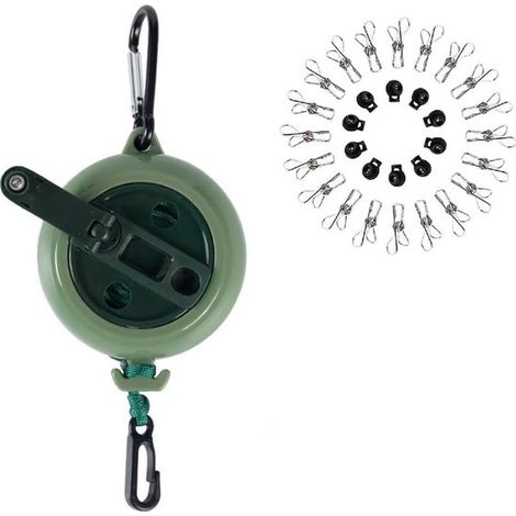 Einziehbare Wäscheleine – 1 Stück – 10 Meter – Tragbar – Robust/Unsichtbar – Inkl. 20 Wäscheklammern/10 Stoppern/Tasche/Kurbel – Grün – 20 × 10 × 4,5 cm (1/5)