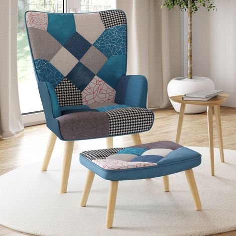IVAR Sillón escandinavo con reposapiés de tela patchwork y terciopelo azul