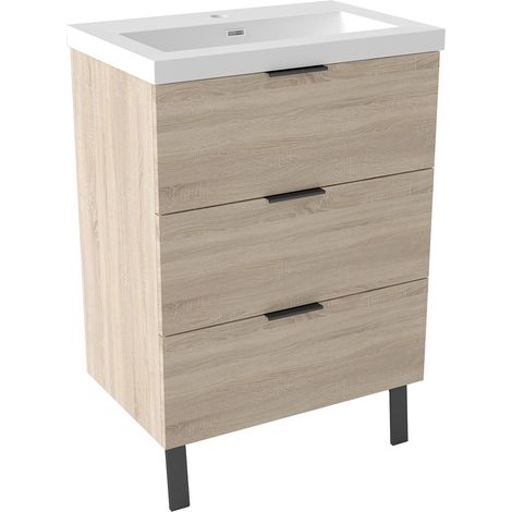 AICA Ensemble de meubles de salle de bain 60cm avec 3 tiroirs + 2 Pieds, Meuble simple vasque, Chêne