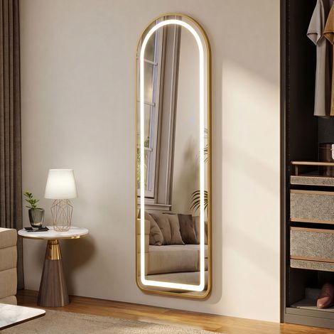 JOOKGBD-Miroir plein pied LED doré, 3 couleurs de lumière réglables par touche, verre trempé antidéflagrant, support en U et fixation murale, design moderne et élégant, chambre salon entrée