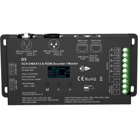 Decoder DMX512 12-24V DC - 6A/canale - 5 canali - Display OLED
