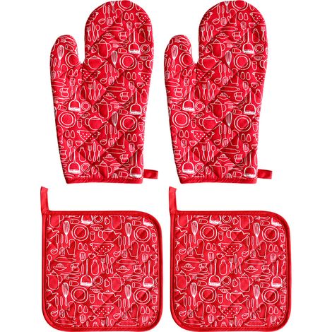 Gants de cuisine en coton résistant à la chaleur, gants de cuisine pour barbecue, 2 gants de cuisine + 2 sets de table isolants (1/4)