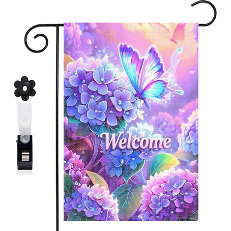 Drapeau de jardin décoratif 30 x 45 cm motif hortensias et papillon style féerique toile double face (1/5)