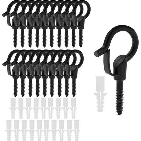 Crochets pour guirlandes lumineuses, crochets à visser pour suspendre guirlandes lumineuses, fil électrique, plantes en pot, supports pour guirlandes lumineuses de terrasse, 40 pièces noires (1/5)