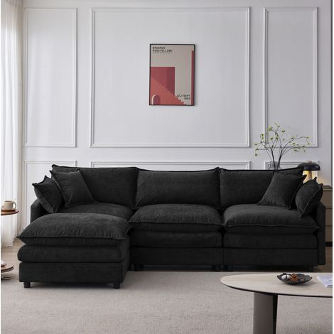 Canapé d’angle modulaire 3 places avec méridienne et pouf en chenille noire 267x154x85 cm OKWISH (1/5)