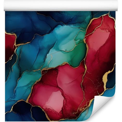 Papier peint à motifs encre turquoise, bleu marine et rose pour salon et chambre 50x1000 cm (1/5)