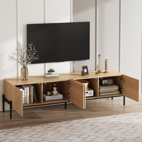 DESMIU Meuble TV 4 portes avec passe-câbles, rangement fermé, pieds métal, pour salon, en MDF, naturel, 163,5 × 40 × 45 cm (1/5)