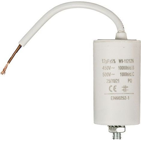 Condensador arranque motor electrico 450 V con cable 12.0 uF Blanco
