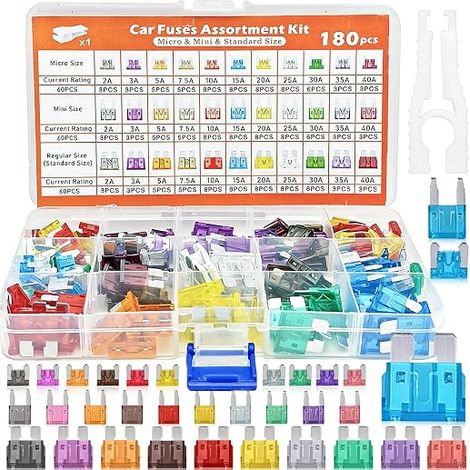 180 Pcs Car Fuse Kit, 60 Mini Auto Fuses + 60 Medium Automotive Fuses + 60 Micro Fuses + 1 F-Fuses Extractor - For Cars/Motorcycles/Motorhomes/Trucks (1/5)