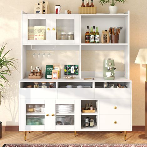 [N620P2974272829W]Moderner minimalistischer Esszimmerschrank (145 x 39 x 171 cm) mit Chambray-Glastüren, Weinglasregalen und mehrschichtigem Stauraum in elegantem Weiß mit goldenen Akzenten (1/5)