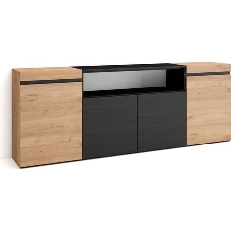 Aparador Cajiz-01 de 200x75x35 cm con 4 puertas, color roble y negro (1/4)