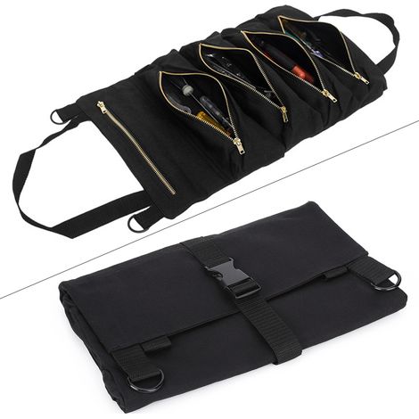 Sac à outils portable en toile qui se fixe sur le dossier des sièges de voiture, s'enroule et comprend un kit de rangement pour tournevis et clé. (1/5)