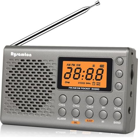 (Gris)Radio portable AM/FM/ondes courtes, radios de poche à piles, grand écran numérique, radio-réveil avec alarme et fonction veille, écouteurs inclus (1/4)