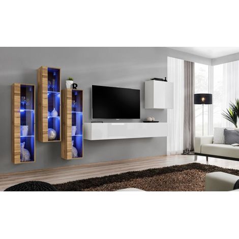 Ensemble mural - Switch XIII - 3 vitrines LED - 1 banc TV - 1 vitrine carrée - Bois et blanc - Modèle 1 - Livraison gratuite