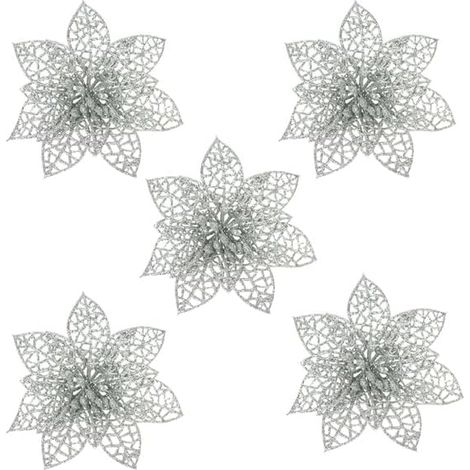 Décorations de Noël Fleurs Artificielles Roses 10cm, Poinsettia pour Sapin, Guirlande et Couronne, Ornements de Fête pour Nouvel An, Lot de Décorations Florales (1/5)