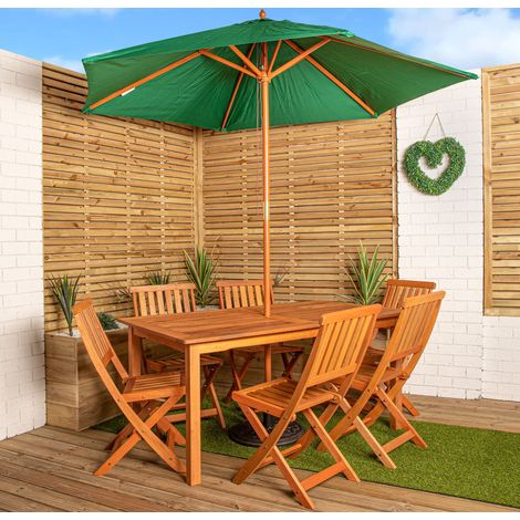 Outdoor 6 Person Rectangular Wooden Garden Patio Dining Table Chairs with Green Parasol and Base Set (1/5)