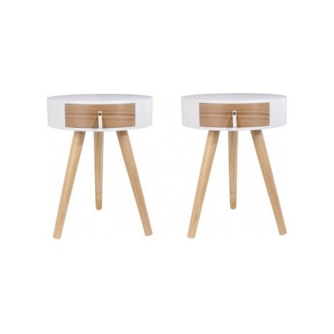 Lot de 2 tables de chevet ronde en bois avec tiroir - Nora - D 34,5 x 47 cm - Blanc - Livraison gratuite (1/5)