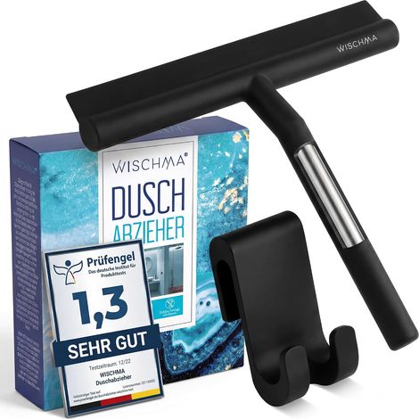 Raclette de Douche en Silicone, Noir – Raclette pour Douche avec Support sans Perçage, Noyau en Acier Inoxydable, Raclette à Vitres sans Traces pour Verre, Miroirs et Carrelage (1/5)