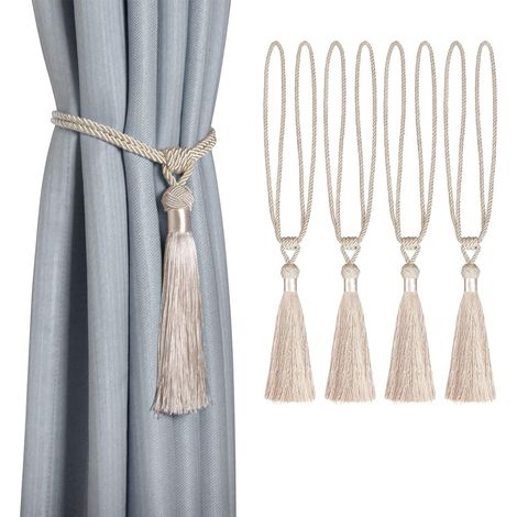 Lot de 4 embrasses de rideaux tressées en polyester et coton avec pompons, accessoires décoratifs pour rideaux beiges (1/5)