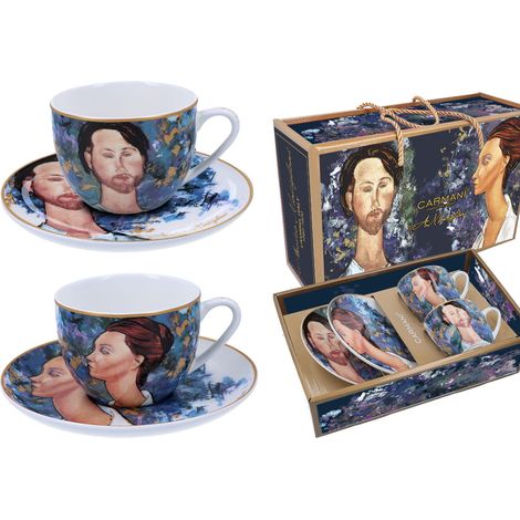 Carmani, Set aus 2 Tassen und Untertassen – Modigliani/Frau mit Hut und Mario Varvogli