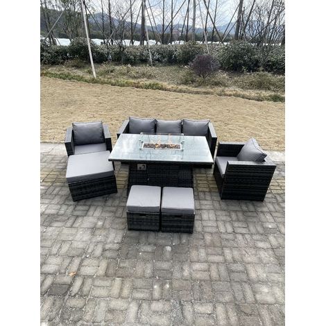 Fimous Outdoor Poly Rattan Gartenmöbel Gas Feuerstelle Esstisch Set Sessel mit 3 Hocker Dunkelgrau Gemischt (1/4)