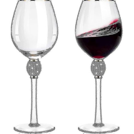 Deux verres à vin rouge à bordure strassée, verres à vin tulipe sertis de diamants, verres à pied long. (1/5)