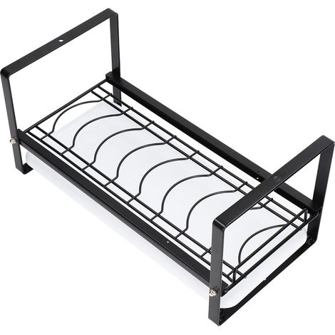 Küchenschrank-Ablage, Schüsselhalter, Tellerhalter und Abtropfschale, rostfrei und rutschfest, schwarz, für Arbeitsplatte, Schrank und Speisekammer. (1/5)