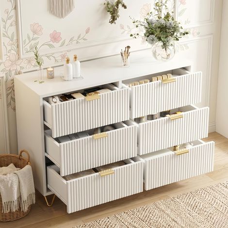 Commode 6 Tiroirs Scandinave Blanc 100 cm, Commode chambre avec Poignées en Métal, pieds dorés - pour chambre et salon