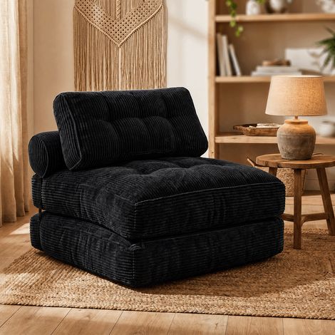 Fabulcozy Canapé Droit 1 Place, 4-en-1 Canapé Convertible Pliable Tissu Côtelé avec Soutien Lombaire Réglable et Appui-Tête à Sangles, Idéal pour Petits Espaces, Salon ou Chambre (Noir) (1/5)