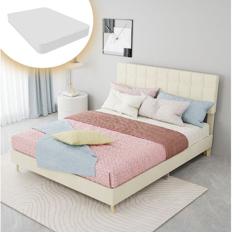 Lit double 140/200 cm beige en tissu et métal avec tête de lit matelassée à carreaux (1/5)