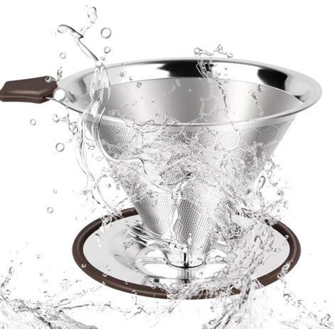 Filtre à Café Permanent en Acier Inox, Filtre à Café sans Papier pour Faire du Café Manuel, Goutteur de Café Réutilisable avec Double Maille en Inox et Anse en Silicone (1/5)