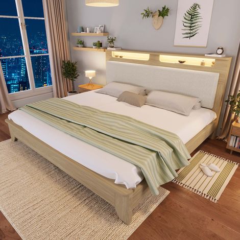 Lit double 160x200 cm en bois avec tête de lit LED, rangement intégré, revêtement velours côtelé beige et sommier à lattes, sans matelas (1/5)