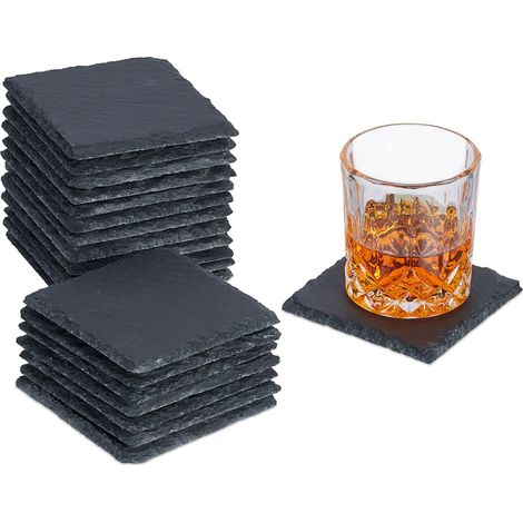 Relaxdays Schiefer Untersetzer, 20er Set, eckige Glasuntersetzer, 10x10 cm, Raclette- & Getränkeuntersetzer, anthrazit