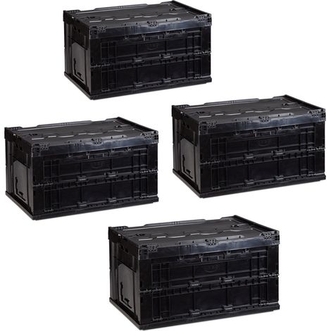 Set of 4 Relaxdays Professional Storage Boxes, Sturdy, Commercial Crate, Lidded, 60x40x32cm, Black