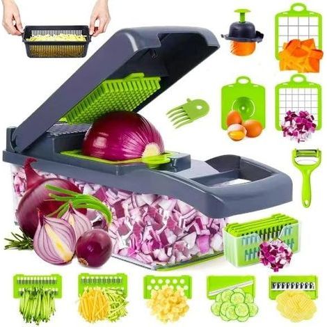 Hachoir à légumes professionnel 16 en 1 - Acier inoxydable, sans BPA Ensemble mandoline, trancheuse et coupe-légumes avec panier d'égouttage, rangement compact de 30 cm (1/4)