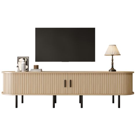 Meuble TV ovale à façade à lamelles verticales, poignées noires et pieds métalliques noirs, dimensions 170×40×46cm, meuble de rangement multimédia pour salon (1/5)
