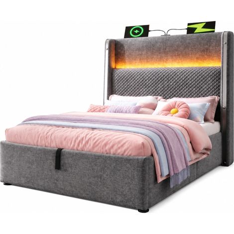 Lit coffre relevable 90 x 200 cm avec tête de lit haute, LED, ports USB Type-C et rangement, effet tissu gris, sans matelas  CHICFURN (1/5)