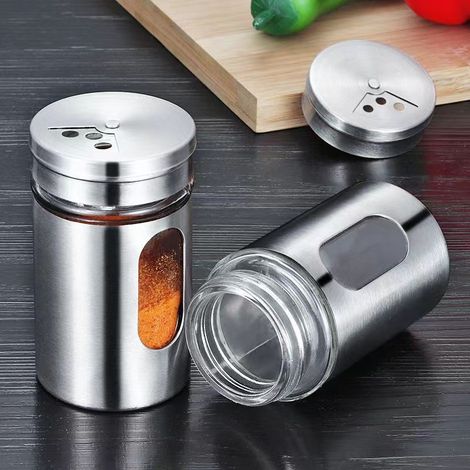 5 Pièces Boîtes à Épices avec Couvercle Pivotant,Bouteille d'assaisonnement en Acier Inoxydable,Pot Epices Set epices Cuisine,pots à épices pour Thé, sel et poivre 90ml (1/5)