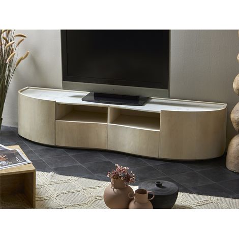 Meuble TV 2 pièces Ishaq en bois de manguier arrondi avec plateau en marbre, 180 x 40 x 40 cm. (1/3)