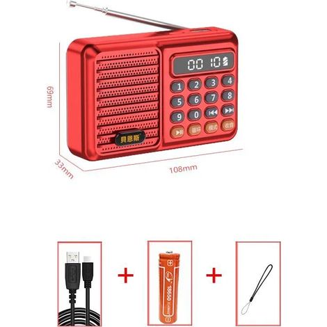 (Rouge) Mini radio FM, affichage LED, haut-parleur Bluetooth, lecteur de musique MP3, prend en charge les cartes TF et les clés USB. (1/5)
