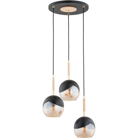 Alfa MILTONA Modern 3-Light Pendant Ceiling Lamp, Matte Black & Gold Metal with 3 Glass Globe Shades, E27 (3x15W) Dimmable, 38cm H85cm for Living Room, Dining Room, Kitchen Island