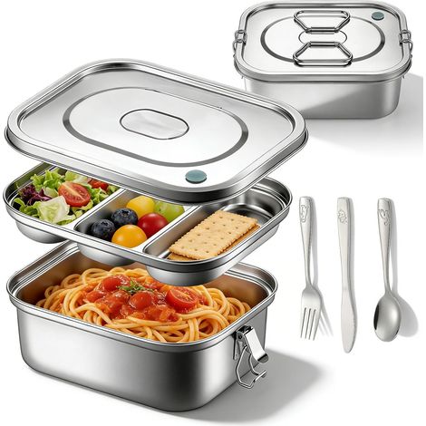 Boîte à lunch en acier inoxydable de 1800 ml : double boîte à lunch en acier inoxydable avec fourchette couteau, baguettes, boîte à bento anti-fuite avec compartiments, plateau à 3 (1/5)
