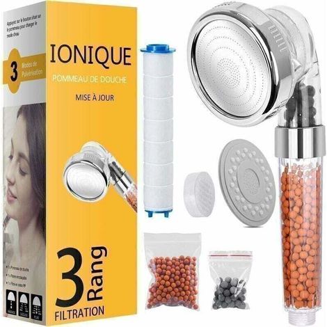 Pommeau Douche, Pommeau Douche Anti Calcaire Économiseur d'Eau, Pommeau de Douche Haute Pression Filtre à Trois Niveaux Système de Filtrage Ionique avec Filtre Coton PP Remplaçable (1/4)