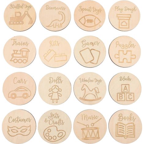 16 étiquettes rondes en bois, disques ronds en bois, décorations circulaires pour boîtes à jouets-7x7cm (1/3)
