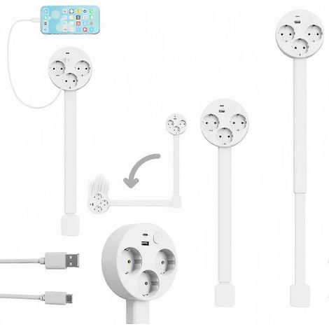 Rallonge de prise électrique européenne avec 3 ports secteur et 2 ports USB, portée de 56 à 69 cm (1/3)