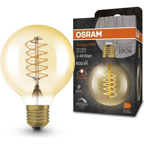 OSRAM Lampada a LED Vintage 1906 tinta dorata, 7W, 600 libbre, forma a sfera presa da 80 mm di diametro e E27, bianca calda, filamento a spirale, dimmerabile, fino a 15.000 ore di durata della vita