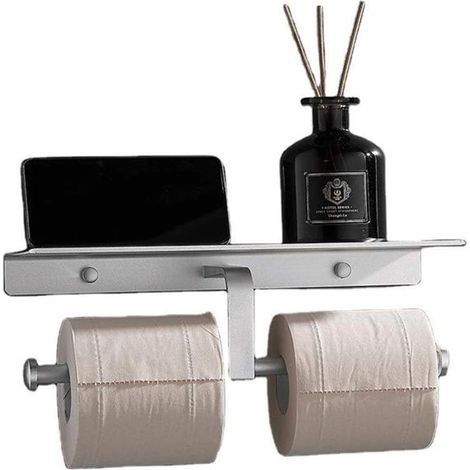Toilet Roll Holder Double Toilet Paper Holder Space Aluminum Self Adhesive Tissue Paper Roll Holder with Phone Shelf for Bathroom Kitchen (Color : Silver) (1/4)
