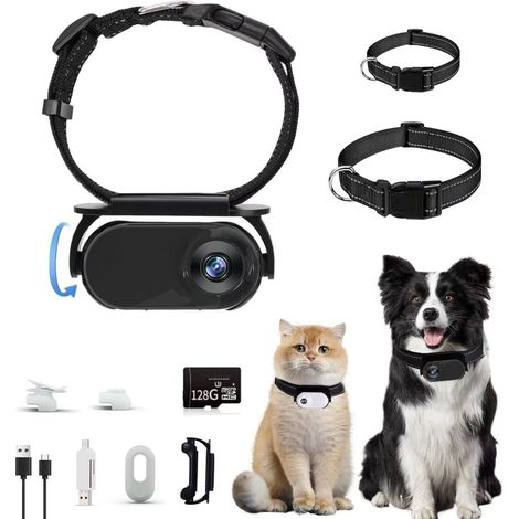Caméra de surveillance pour animal lot 128G, collier caméra chat noir avec clips de fixation pour animaux domestiques (1/5)